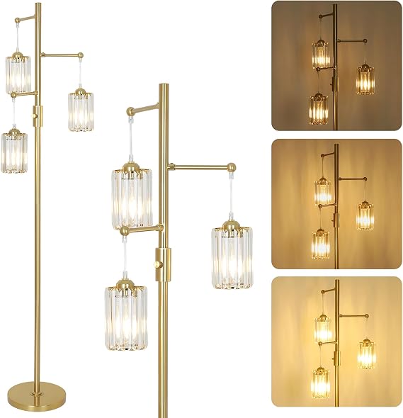 Rayofly Dimmable Floor Lamps for Living Room, 3-Lights Crystal Standing Lamps for Living Room, Gold Floor Lamp with Glass Lampshades, Modern Floor Lamp for Bedroom, Standard Tall Lamps for Office [Energy Class D]