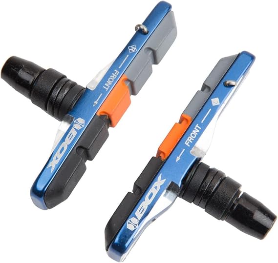 Box One 70 Millimeters BMX Brake Pads w/CNC-Machined Cartridge Body, Silver Machined Accents, Laser-Etched Graphics, Triple Compound Rubber Pad & Pivoting Posts | Blue