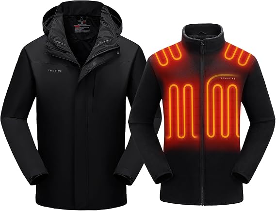 Venustas Men's 3-in-1 Heated Jacket with Battery, Ski Winter Jacket with Removable Hood Water-resistant