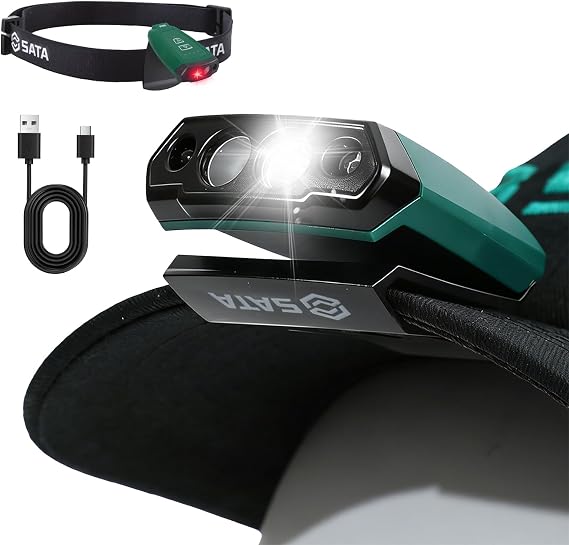 SATA LED Headlamp Rechargeable, Motion Sensor with White Red Light, IP54 Waterproof, 90 Adjustable Clip On Hat Light, 15H Runtime for Running, Hiking, Camping, Hunting, Cycling, Work