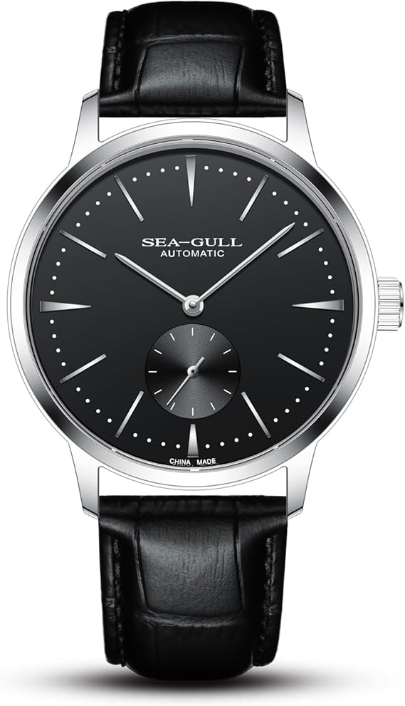 SEA-GULL Seagull Watch Small Second Hand Mens Watch Automatic Mens Watch Leather Strap 6075 Black Dial/Silver Bezel