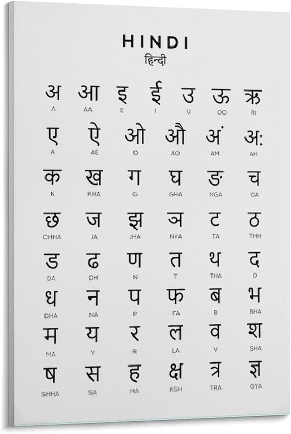 MOJDI Hindi Alphabet Poster, Hindi Varnamara Black And White Wall Home & School Education Poster, Room Aes Canvas Painting Wall Art Poster for Bedroom Living Room Decor 08x12inch(20x30cm) Frame-style