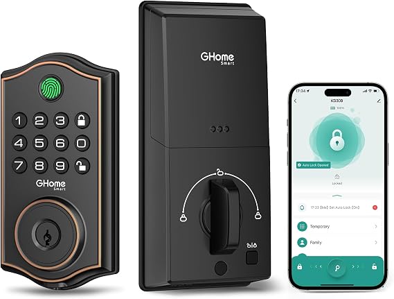 GHome Smart Deadbolt Lock, Fingerprint Code Keyless Entry Door Lock for Front Door, Auto Lock, App Control, Digital Keypad deadbolt, Smart Door Lock for Home Airbnb Apartment Hotel Garage, Black