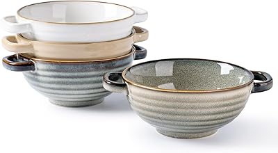 GBhome Ceramic Soup Bowls with Double Handles, 24 OZ Soup Cups Set for Soup, Cereal, Stew, Salad, Noodles, Ramen,Microware &Dishwasher Safe, Set of 4