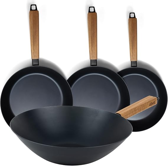 Alva Forest 3-Quart Blue Carbon Steel Pan & Wok Set with Acacia Wood Handle | Pre-Seasoned Non-Toxic Frying Pans - Chemical-Free, Traditional Cooking Surface - All Stovetop Compatible & Fast-Heating