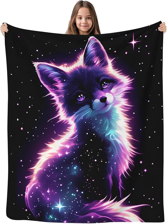 GNEW Cute Galaxy Fox Throw Blanket, Kawaii Fox Gifts for Girls Boys Kids Baby, Purple Black Hot Pink Sparkle Starry Stars, 60"x50"