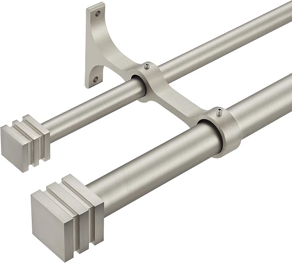 Double Curtain Rods with Aluminum Full Surround Brackets and Cube Box Finials,Brushed Nickel Curtain Rods for Windows 72 to 144 inch,1'' Front and 5/8''Back Adjustable Double Drapery Rods