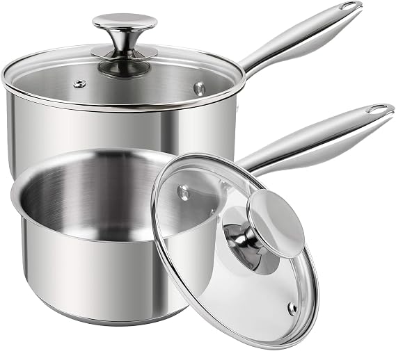 MICHELANGELO Stainless Steel Saucepan Set 1Qt & 2Qt, 18/10 Stainless Steel Pot Set, Induction Saucepan with Glass Lid, Dishwasher & Oven Safe (No Coating & Non-toxic)