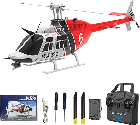 C138 Remote Control Helicopter, 1:33 Scale Bell206 Helicopter 2.4G 4CH RTF Single Propeller Aileron Free, Six-axis Gyroscope, Modular Battery, One-Touch Function Gift for Adults 2 Batteries