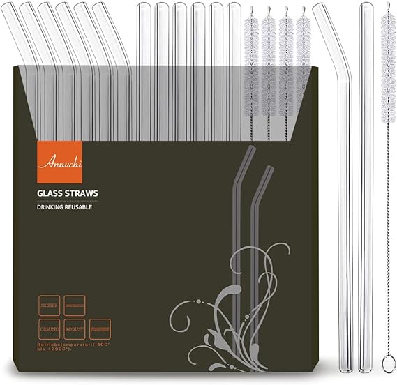ANNVCHI 16 Pack Reusable Glass Straws,Set of 6 Straight and 6 Bent with 4 Cleaning Brush,Perfect for Smoothies,Tea, Juice, Milkshakes(8.5''x10 MM)