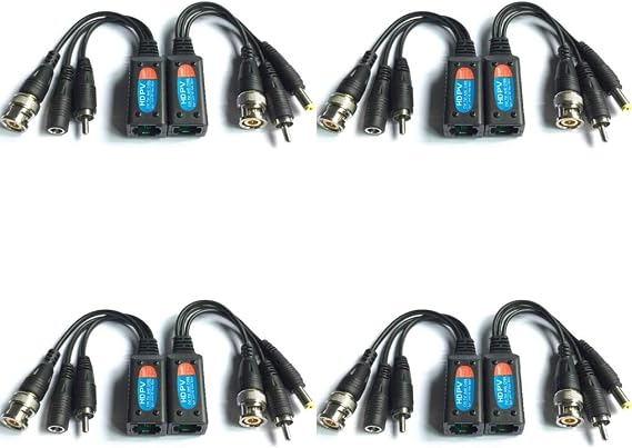 Evertech HD-CVI/TVI/AHD Passive Video Balun with Power Connector and RJ45 CAT5 Data Transmitter BNC Twisted Pair (4 Pairs 8 pcs Megapixel)