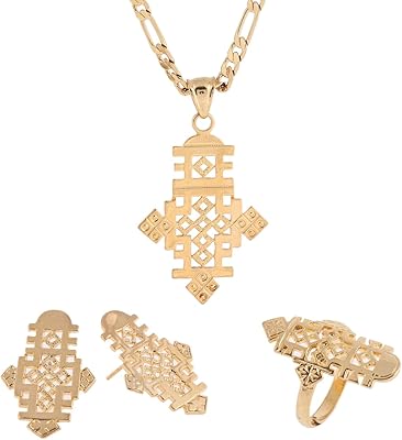 Ethiopian Cross Pendant Earring Ring Necklace Set 24k African Gold Corss Symbol Jewelry Set