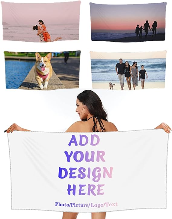 Personalized Beach Towel Custom Towels Design Your Photo Text Logo Fast Drying Easy to Carry Towels with Names for Hiking Travel Home Use (White, 31.5"x63")