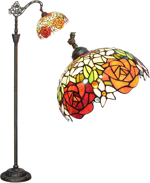 BOTOWI Tiffany Style Floor Lamp Stained Glass Rose Arched Lamp 12X18X63 Inches Gooseneck Adjustable Corner Standing Reading Light Decor Bedroom Living Room,Red
