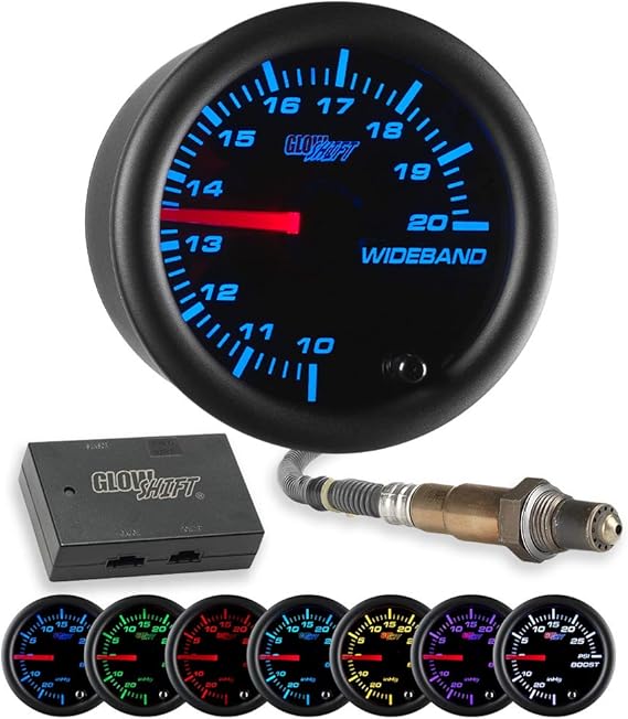 GlowShift Black 7 Color Analog Needle Wideband Air/Fuel Ratio AFR Gauge - Includes Oxygen Sensor, Data Logging Output & Weld-in Bung - Black Dial - Clear Lens - 2-1/16" 52mm