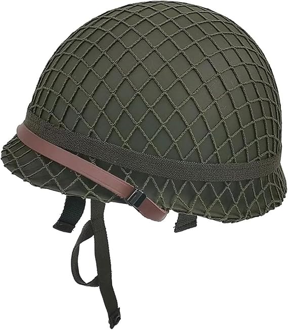 WWII US WW2 Army M1 Steel Pot Helmet Replica - Military Gear Uniform with Net Cover, Chin Strap & Cat Eye Belt - Perfect for Collectors and Reenactors