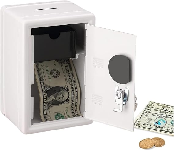 Security Safe Box, Metal Money Locker Small Storage Combination Lock Key Password Cash Saving Strongbox Style Birthday Plastic Coin Practical Can Electronic Keepsake Protection Automatic(White) | Cash Coins Jewelry Storage, Password Lock Design, Portable Mini Safe Box, Metal Locker Style for Home Office Use