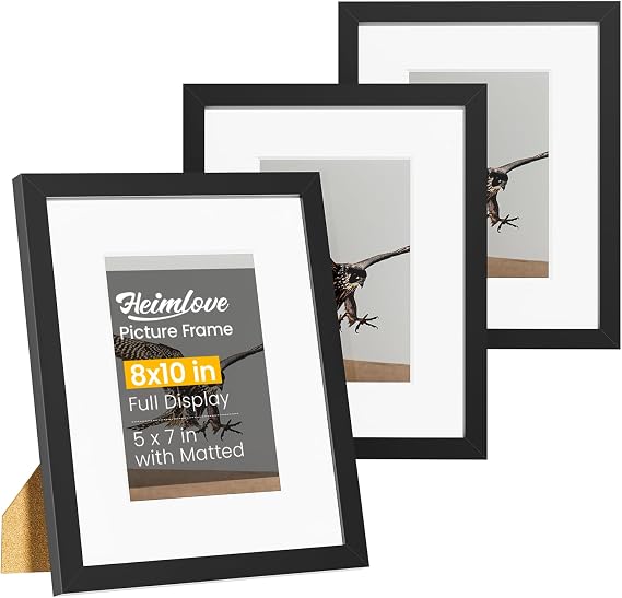Heimlove 8x10 Picture Frames Set of 3 with Mat to Display 5x7 Picture,Plastic Black Photo Frame for Poster,Diploma,Certificate and Document with Tabletop and Wall Decor