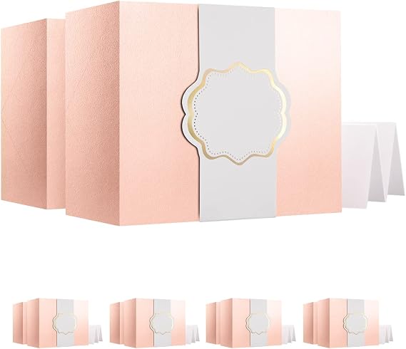 ROSEGLD Gift Boxes with Wrap Bands 9.5x7x3.5 Inches, Gift Boxes with Lids, Bridesmaid Gift Boxes with Wrap Bands and Cards (Glossy Rose Gold with Grass Texture, Pack of 10)