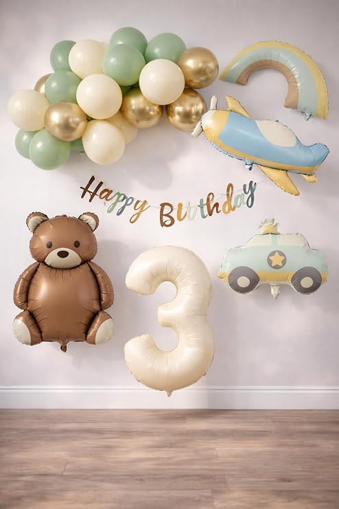 Retro 3 Year Old Birthday Set; Plane, Car, Rainbow, Teddy Bear and 20 Latex Balloon Set