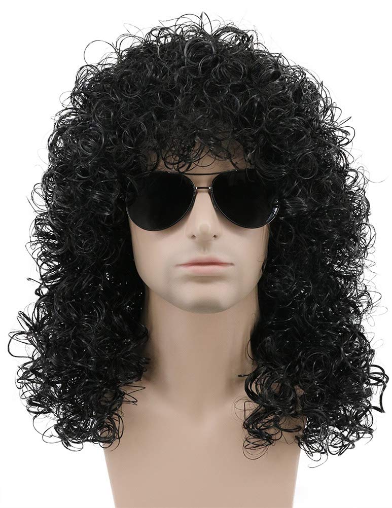 karlery 70s 80s Men's Long Curly Black Wig Rocker Mullet Afro Wig for Men Costume