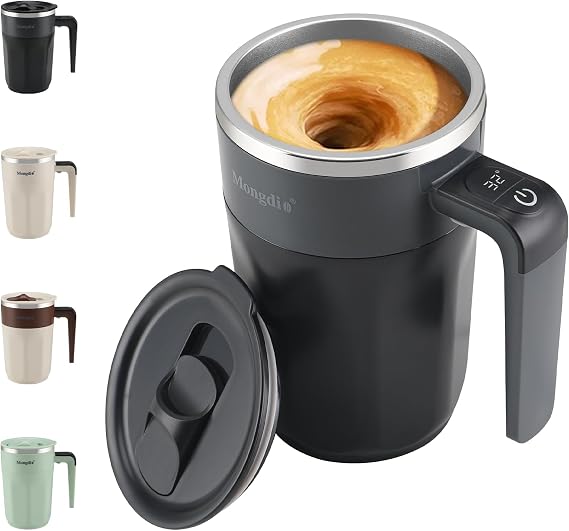 Mongdio Self Stirring Coffee Mug with Fahrenhite Temperature Display, Rechargeable Stirring Mug, Automatic Self Stirring Cup with Lid, For Coffee, Milk and Other Beverages, Black