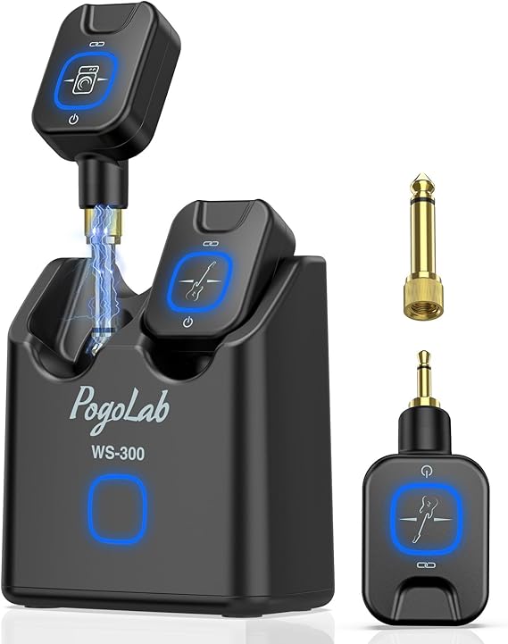 Wireless Guitar System 5.8GHz with Charging Box, Wireless Transmitter Receiver with 6.35mm/3.5mm 2-in-1 plug, 6 Channels, 18H Total Battery Life, for Electric Guitars, Bass