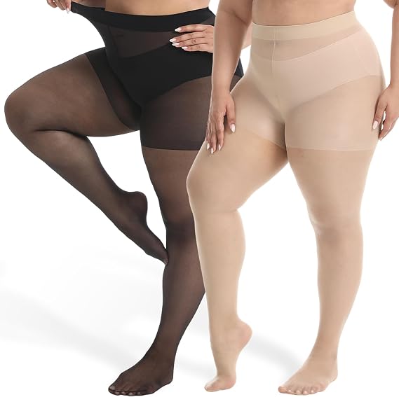 Plus Size Sheer Pantyhose - Ultra Comfy Plus Size Tights, 2 Pack 15D Control Top Pantyhose for Women, Girls (Plus Size, Sheer Black Beige Pantyhose)