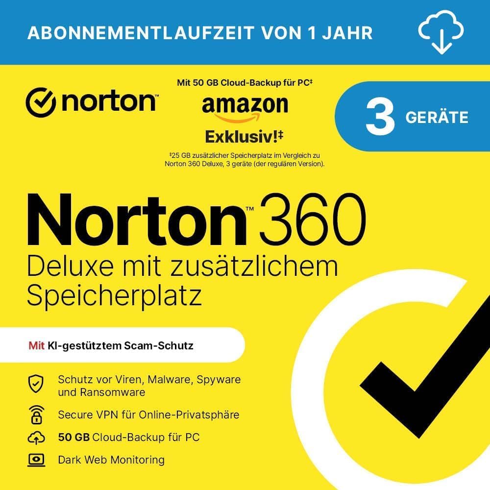 Norton 360 Deluxe with extra large backup capacity – Amazon Exclusive  25GB additional cloud backup memory. Antivirus software for 3 devices and one year runtime