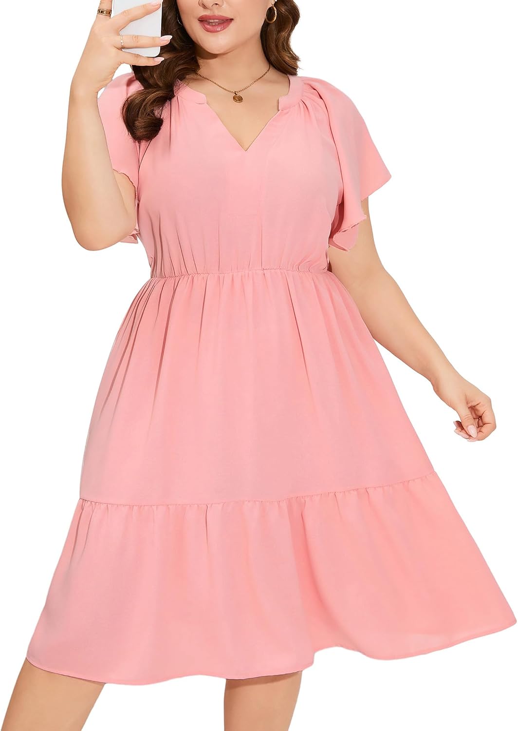 Women's Plus Size Summer Dresses V Neck Ruffle Short Sleeve Boho Swing Midi Skater Dress A-Line Dresses