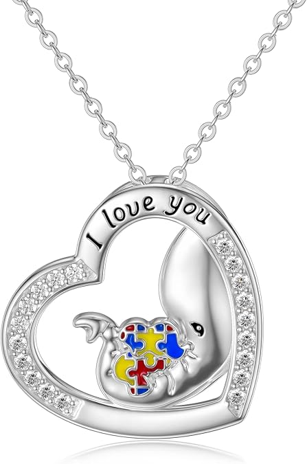 LONAGO Mother Elephant Necklace Autism Awareness Elephant Heart Pendant Necklace For Women