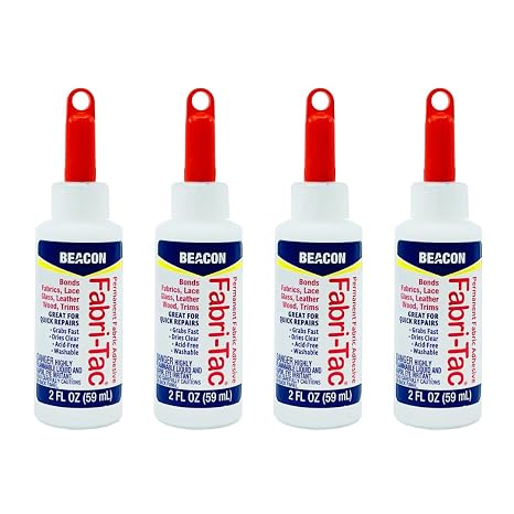 BEACON Fabri-Tac Premium Fabric Glue - Quick Drying, Crystal Clear, Permanent - for Fabrics, Canvas, Lace, Wood and More, 2-Ounce, 4-Pack