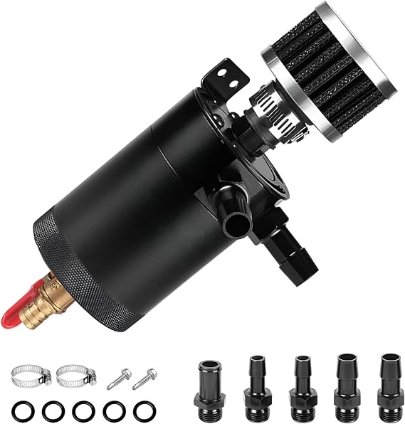 Oil Catch Can Kit, 2-Port Billet Aluminum Baffled Catch Can with Breather Filter Drain Valve, Universal 150ml Car Engine Oil Separator Tank with 5 Adapters, Car Accessories