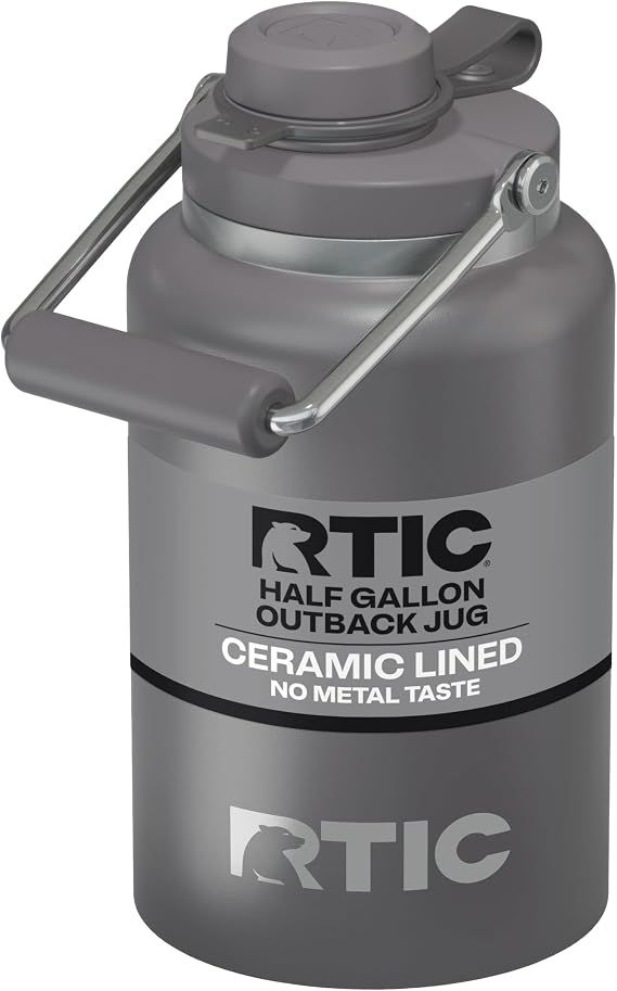RTIC Half Gallon Outback Jug, Ceramic Lined, Graphite | Stainless Steel, Insulated Water Bottle with Lid and Handle, Double Wall Vacuum Insulation