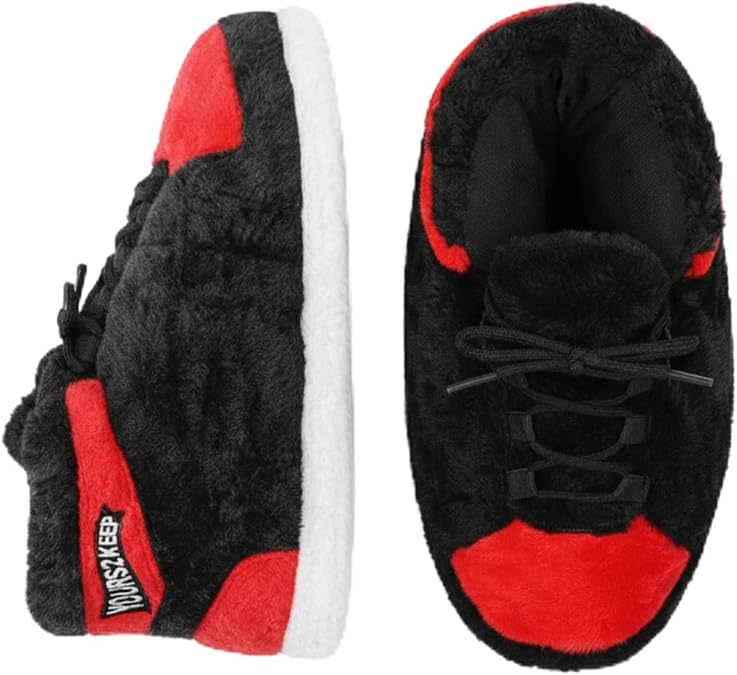 Sneaker Slipper - BRED Jordan Look-Alike Sneaker Slippers - Comfy Warm Indoor Plush Kicks For Lounging - Non-Slip Sole, Funny Unisex Gift For Men & Women - One Size Fits All - Unisex Indoor Floor