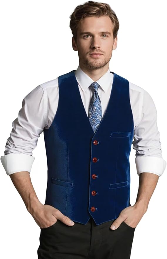 Wehilion Velvet Men's Vest V Neck 4 Button Slim Fit Dress Suit Vest Waistcoat Modern Fit