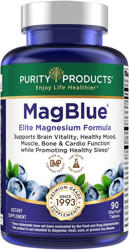 Purity Products - MagBlue - Magnesium Glycinate 350mg | TRAACS Magnesium Bisglycinate Chelate | Supports Sleep, Calm & Muscle Recovery | with Vitamin D3, Zinc, Boron & Blueberry | 90 Tablets