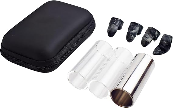Guitar Slide, 2 Glass Slides & 1 Steel Guitar Slide for Electric and Acoustic, With 3 Finger Picks, 1 Thumb Pick & Portable Box for Guitar and Bass, Medium (6 cm)