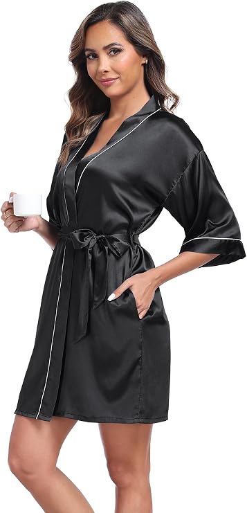 Women's Satin Robe Short Silk Kimono Bathrobe Wedding Party Bride Robes Lightweight Soft Sleepwear