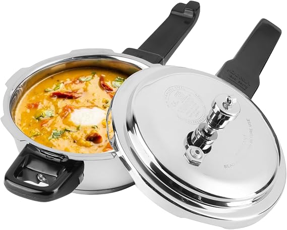 Vinod Cookware Induction Friendly Stainless Steel Sandwich Bottom Pressure Pan With Lid Mirror Finish 3 Litres