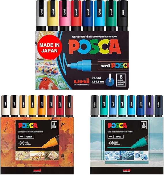 posca Markers Bundle, 24 Medium Paint Markers 5M - 8 Warm Tones + 8 Cool Tones + 8 Multicolor Tones