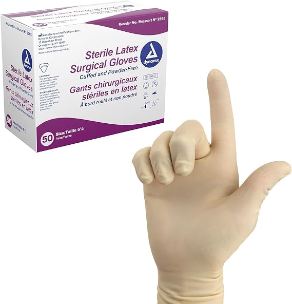 Dynarex Sterile Latex Surgical Gloves, Size 6.5, 1 Case of 200 Pairs Gloves | Powder Free, Individually Packaged, Textured, Medical Grade, Case of 4 Boxes, 50 Pairs per Box, Bisque