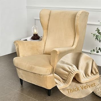 Stretch Armchair Slipcovers Stretch Wing Chair Slipcover 2 Piece Wingback Chair Covers Velvet Sofa Cover Furniture Protector for Armchair Chairs Living Room Bedroom (Khaki)
