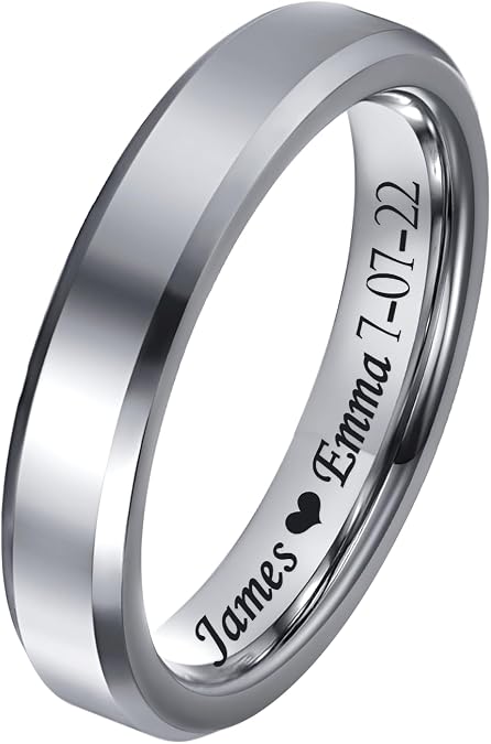 Customized Black/Silver Tungsten Ring for Men 4mm/6mm/8mm Width Personalized High Polished Wedding Engagement Band Promise Ring Beveled Edges Comfort Fit Size 5-12