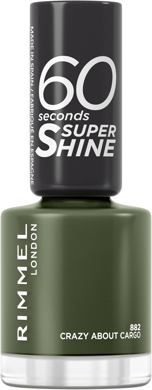 Rimmel 60 Seconds Super Shine Nail Polish, 882 Crazy About Cargo, Quick-Dry Nail Polish, Ultra-Shiny Finish, Easy to Apply, Vibrant Colour, Long-Wearing, Clean and Improved Formula, Vegan, 8ml
