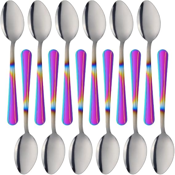 Stainless Steel Buffet Serving Spoons, 8 Inches, 12 Pieces, Large Spoons for Serving, Stainless Steel Solid Buffet Banquet Flatware Big Ladle Spoon, Gradient Rainbow Color