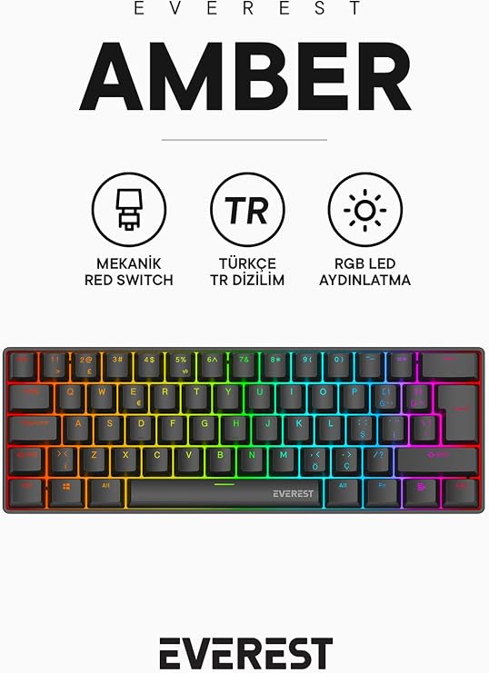 Everest Amber Type-C Bağlantılı RGB Ledli Mekanik Gaming Oyuncu Klavye Q Red Switch