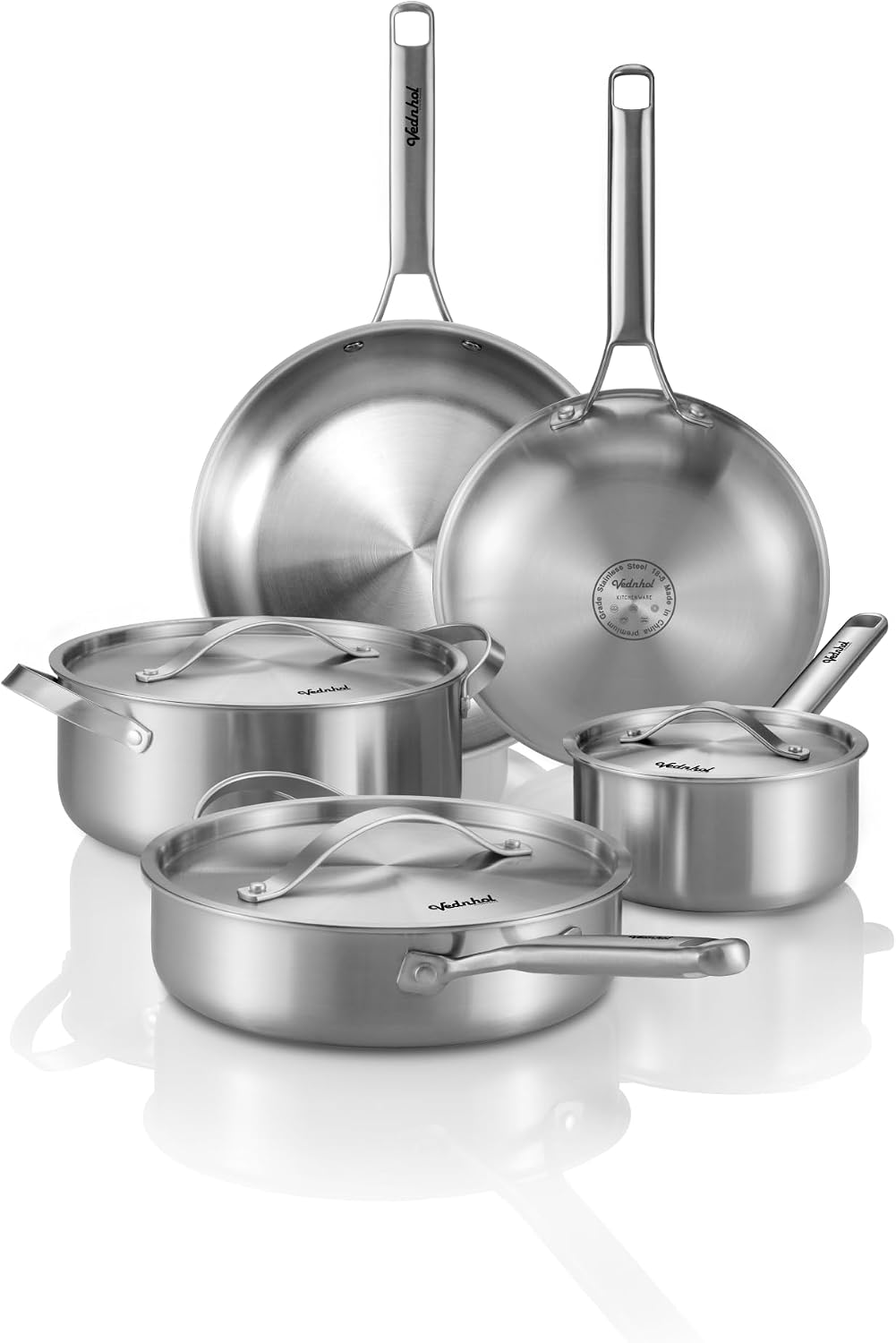 Stainless Steel Cookware Set, 8 Pcs Tir-Ply Pots and Pans Set, PFOA&PTFE Free, Dishwasher&Oven Safe, Kitchen Induction Compatible, sartenes de acero inoxidable