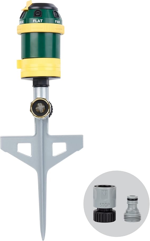 Melnor 65161AMZ Turbo Drive Rotary Sprinkler, Waters Up to 70 Ft. Diameter, 6 Spray Patterns, Adjustable 30 to 360 Coverage, Metal Spike Base, Quick Connect Bundle, Green, Yellow