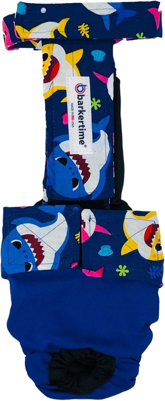 Blue Happy Shark on Blue Dog Diaper Overall, S, with Tail Hole - Made in USA